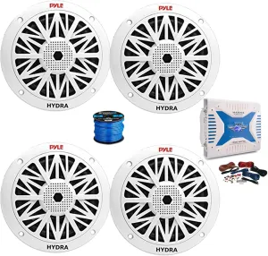 Pyle PLMRA430BT Marine Bluetooth 4-Channel 1000 Watt Amplifier w/Wiring Install Kit, 4X 6.5 200W Full Range 2-Way Dual Cone Waterproof Marine Audio Speakers (White), 50 feet Wire