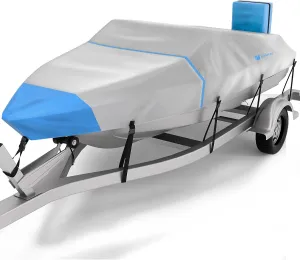Rosefray 600D Boat Cover, Heavy Duty Waterproof Bass Boat Covers with Motor Cover Fits V-Hull/Tri-Hull/Fish/Ski/Runabout Boat,Fade-Proof Trailerable Boat Cover Fit 17'-19' L 96" Width Gary/Blue
