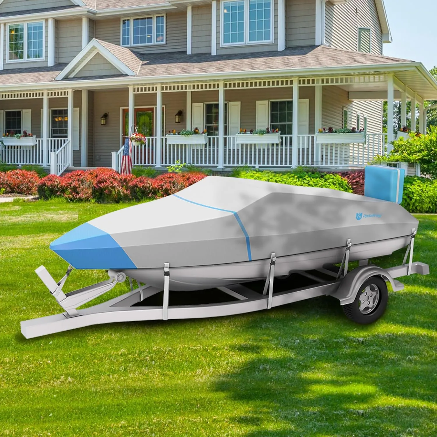Rosefray 600D Boat Cover, Heavy Duty Waterproof Bass Boat Covers with Motor Cover Fits V-Hull/Tri-Hull/Fish/Ski/Runabout Boat,Fade-Proof Trailerable Boat Cover Fit 17'-19' L 96" Width Gary/Blue