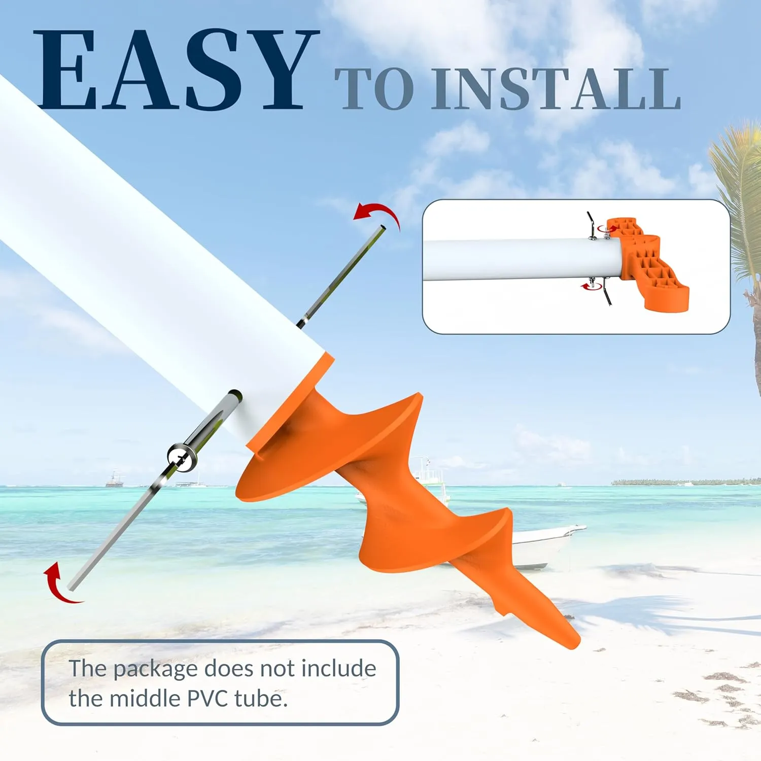 Sand Dock Auger Kit for PVC Sandbar Anchors, Fits 1.5" SCH 40 PVC Tubing (ID 1.57''), T-Handle   Auger Set Only, PA66 30% GF, Orange