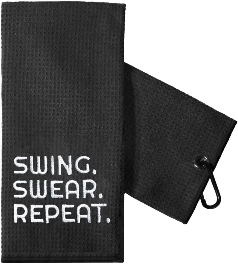 TOUNER Funny Golf Towel Gift for Dad, Retirement Gifts for Men Golfer, Funny Golf Towel for Men, Embroidered Golf Towels for Golf Bags with Clip (Swing Swear Repeat)