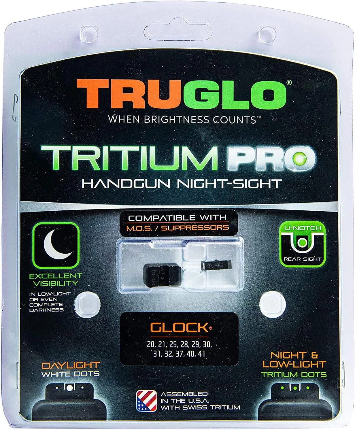 TRUGLO Tritium Pro Night Sights, Compatible with Glock Handgun Models | Compact Durable Glow-in-The-Dark Front & Rear Gun Sight Set with Focus Lock Front Ring