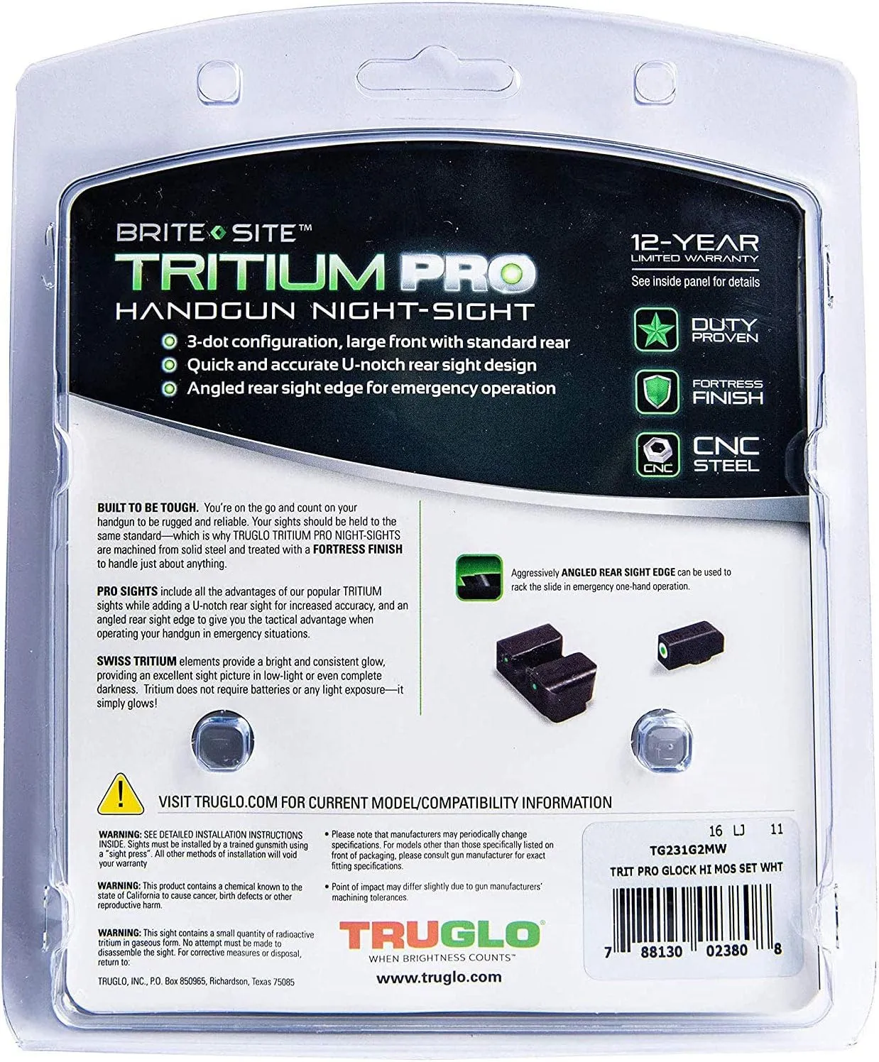 TRUGLO Tritium Pro Night Sights, Compatible with Glock Handgun Models | Compact Durable Glow-in-The-Dark Front & Rear Gun Sight Set with Focus Lock Front Ring