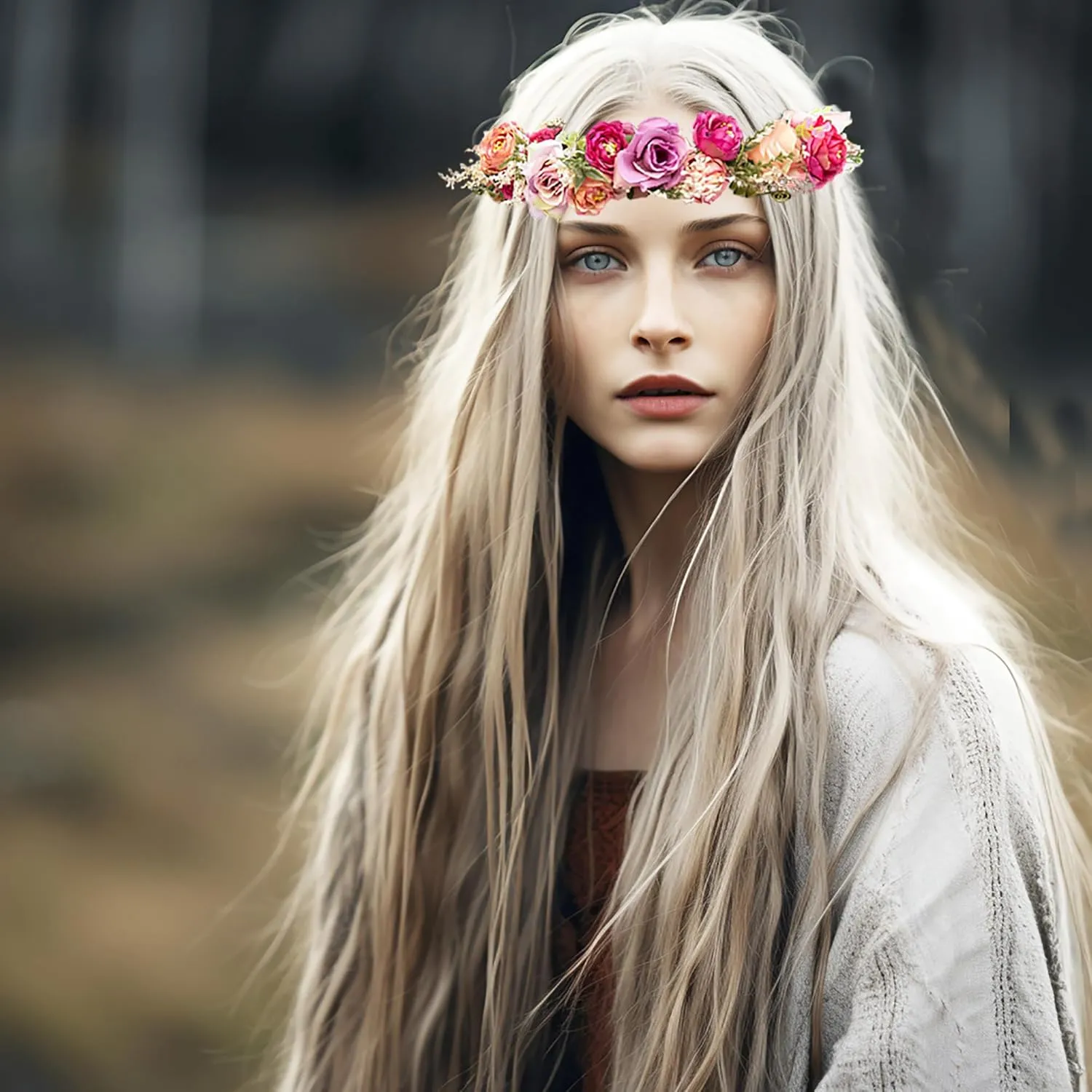 Vivivalue Women Floral Crown Rose Flower Headband Hair Wreath Floral Headpiece Halo Boho with Ribbon Wedding Party Festival Photos