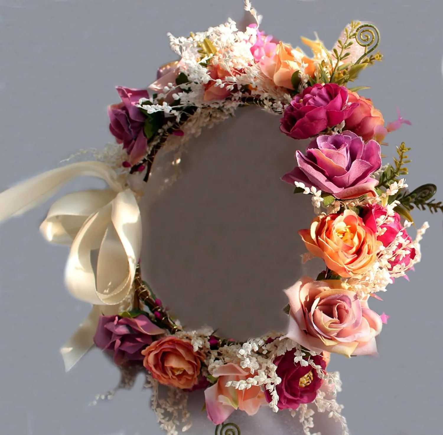 Vivivalue Women Floral Crown Rose Flower Headband Hair Wreath Floral Headpiece Halo Boho with Ribbon Wedding Party Festival Photos