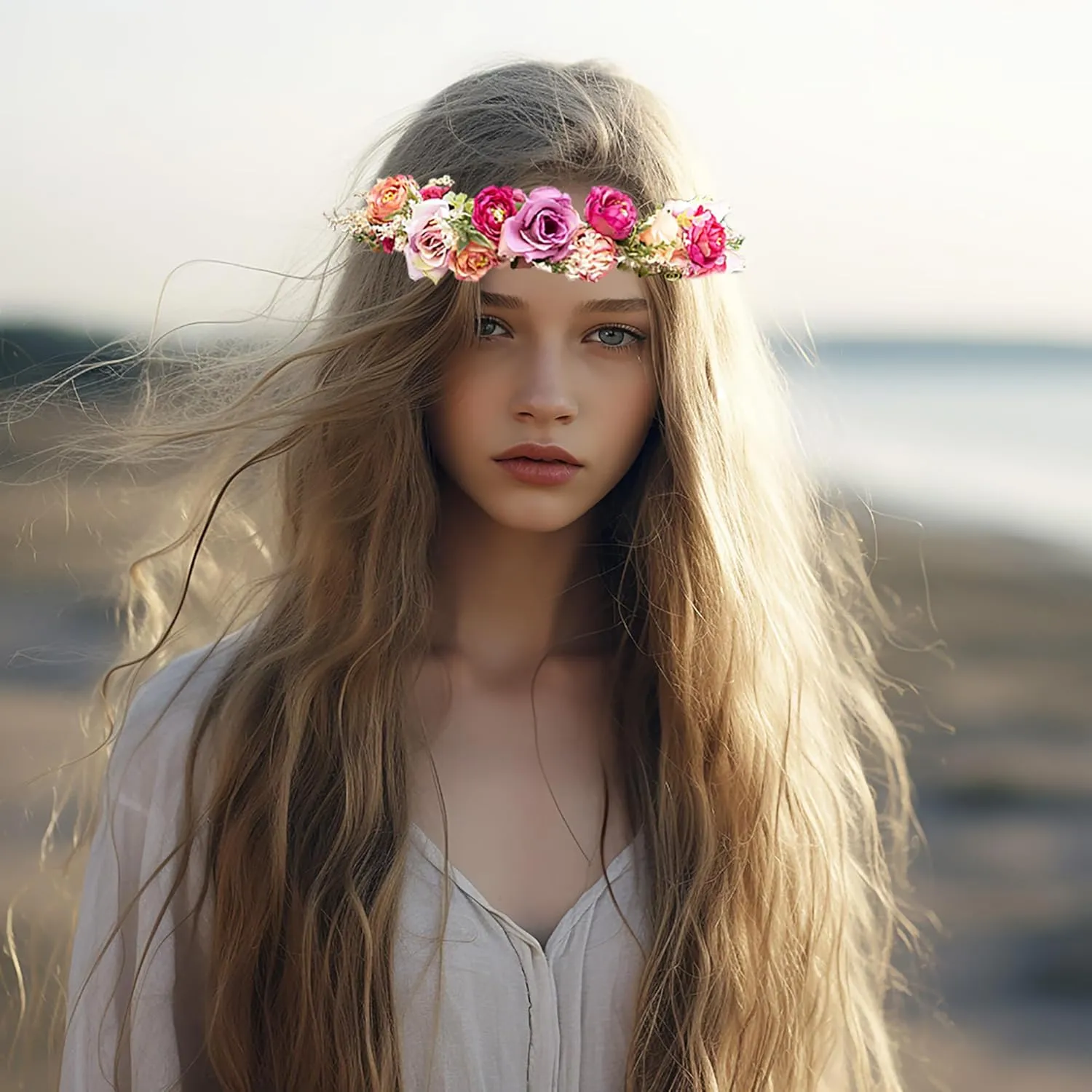 Vivivalue Women Floral Crown Rose Flower Headband Hair Wreath Floral Headpiece Halo Boho with Ribbon Wedding Party Festival Photos