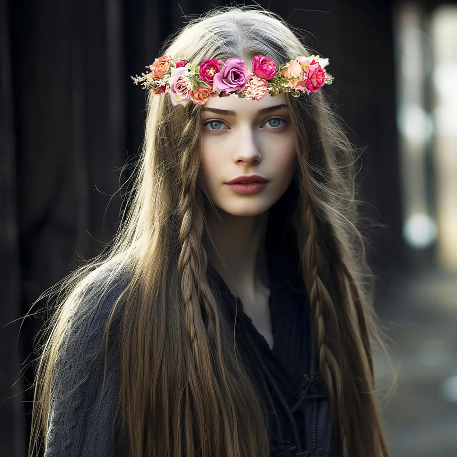 Vivivalue Women Floral Crown Rose Flower Headband Hair Wreath Floral Headpiece Halo Boho with Ribbon Wedding Party Festival Photos