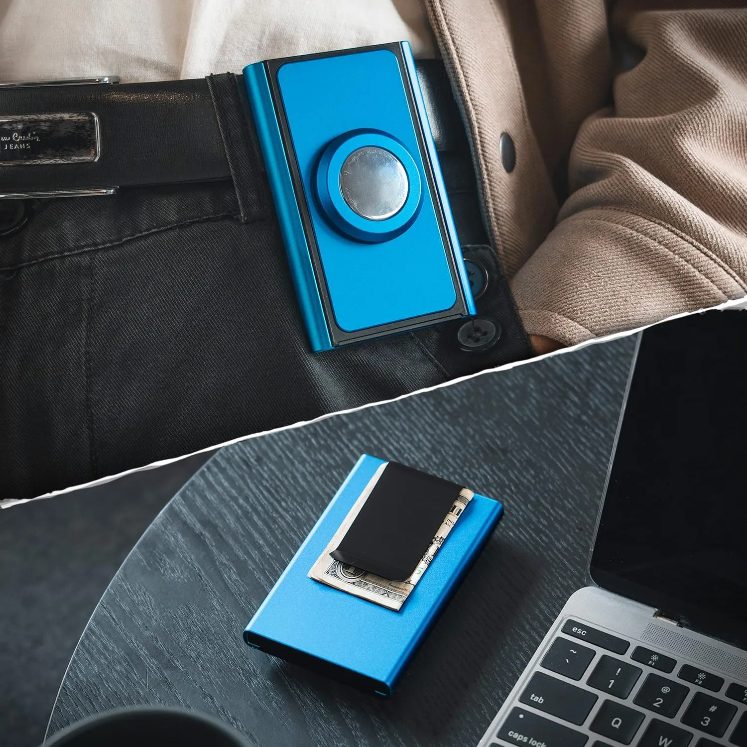 VULKIT Minimalist Wallet with Money Clip and Airtag Holder, Slim Metal POP UP Credit Card Holder RFID Blocking, Blue