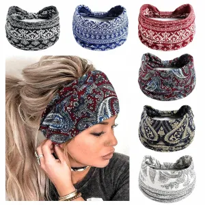Wide Headbands for Women Boho Headband Large Bandana Knotted Head Wraps Turban Stretchy Head Bands Paisley Sweatband Workout Hairbands Non Slip Scarf Hairbands For Women's Thick Hair 6 Pack