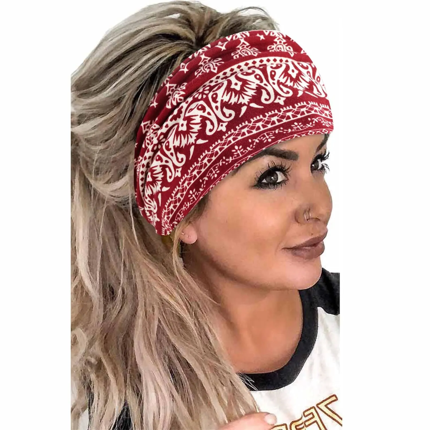 Wide Headbands for Women Boho Headband Large Bandana Knotted Head Wraps Turban Stretchy Head Bands Paisley Sweatband Workout Hairbands Non Slip Scarf Hairbands For Women's Thick Hair 6 Pack