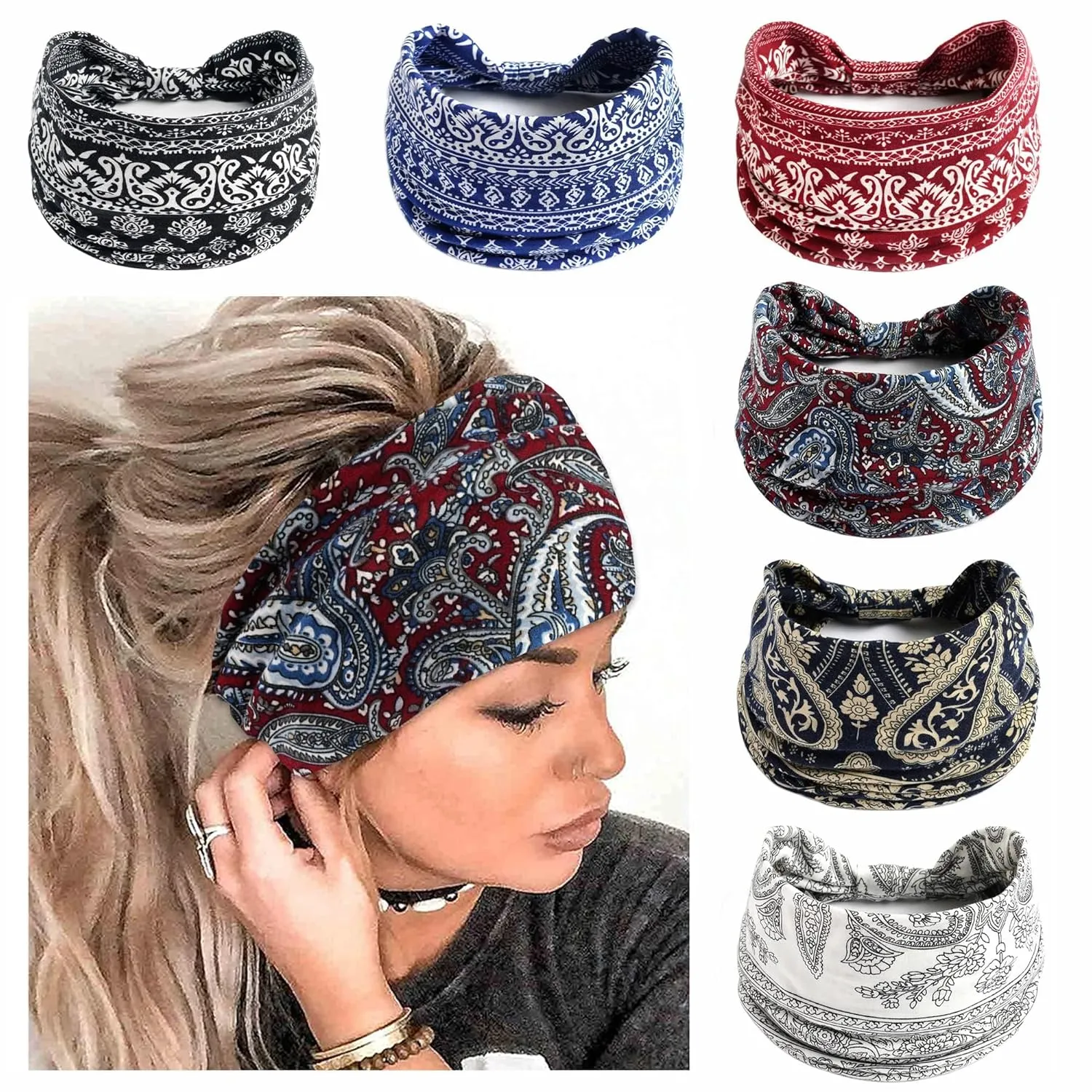 Wide Headbands for Women Boho Headband Large Bandana Knotted Head Wraps Turban Stretchy Head Bands Paisley Sweatband Workout Hairbands Non Slip Scarf Hairbands For Women's Thick Hair 6 Pack