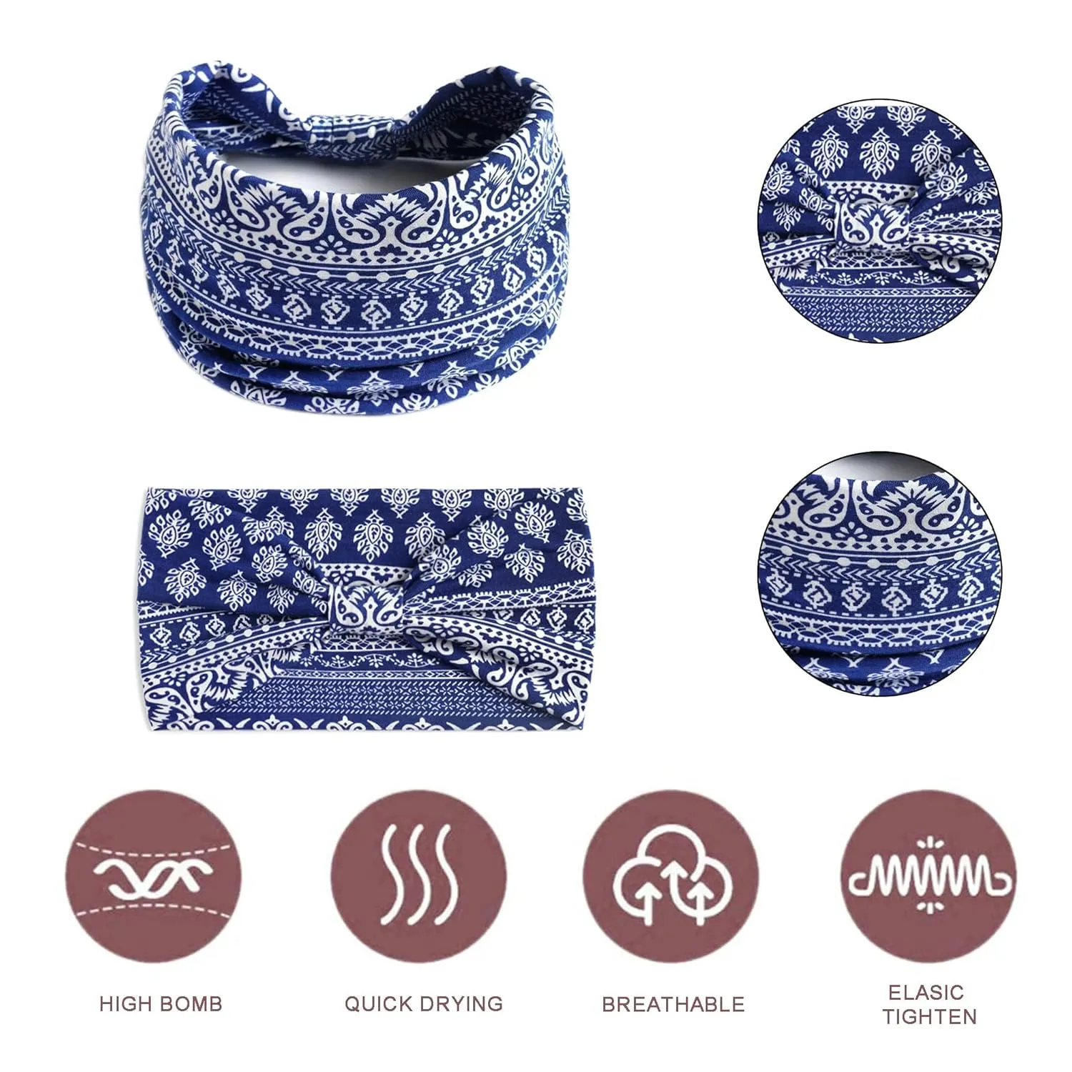 Wide Headbands for Women Boho Headband Large Bandana Knotted Head Wraps Turban Stretchy Head Bands Paisley Sweatband Workout Hairbands Non Slip Scarf Hairbands For Women's Thick Hair 6 Pack