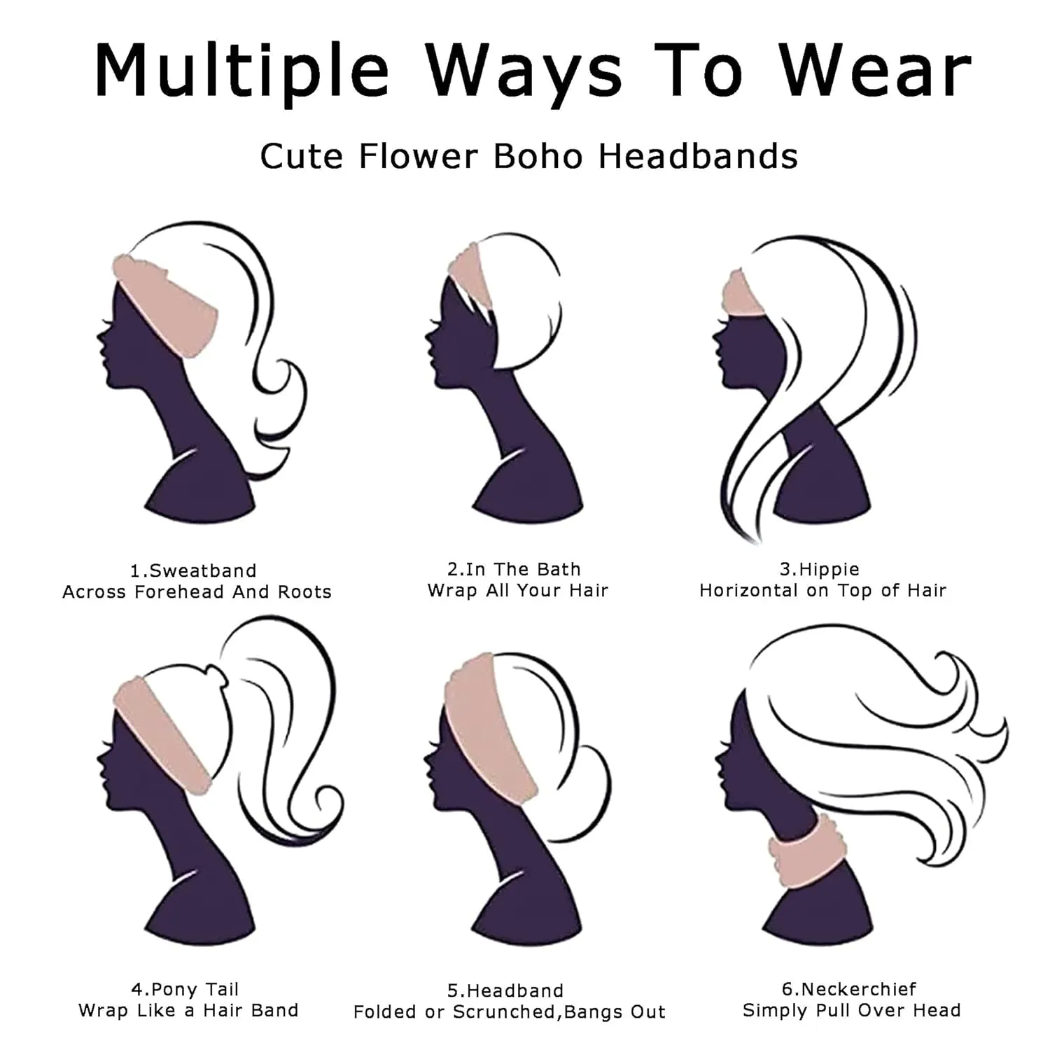Wide Headbands for Women Boho Headband Large Bandana Knotted Head Wraps Turban Stretchy Head Bands Paisley Sweatband Workout Hairbands Non Slip Scarf Hairbands For Women's Thick Hair 6 Pack