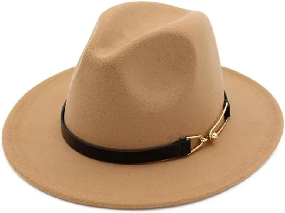Women Fedora Hats with Metal Buckle Winter Flat Brim Panama Jazz Hat