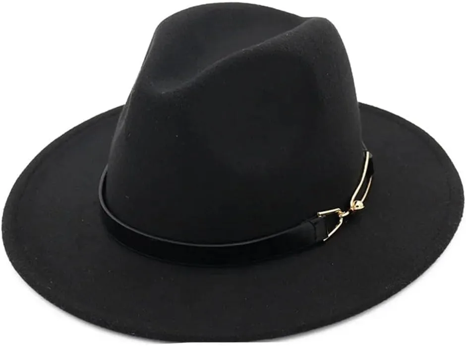 Women Fedora Hats with Metal Buckle Winter Flat Brim Panama Jazz Hat