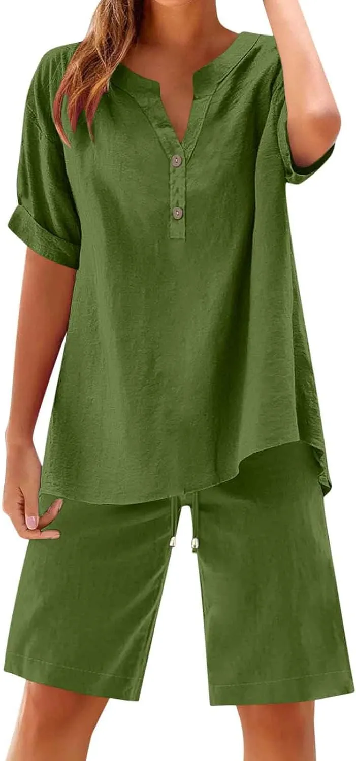 Womens 2 Piece Outfits Two Piece Lounge Set Short Sleeve Tunic Top and Drawstring Shorts Casual Summer Loungewear