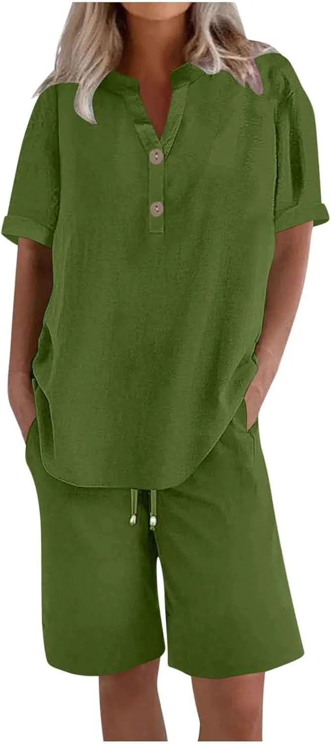 Womens 2 Piece Outfits Two Piece Lounge Set Short Sleeve Tunic Top and Drawstring Shorts Casual Summer Loungewear