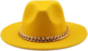 Women's Solid Fedora Hats Jazz Cap Women Men Wide Brim Thick Hats Yellow 56-58CM